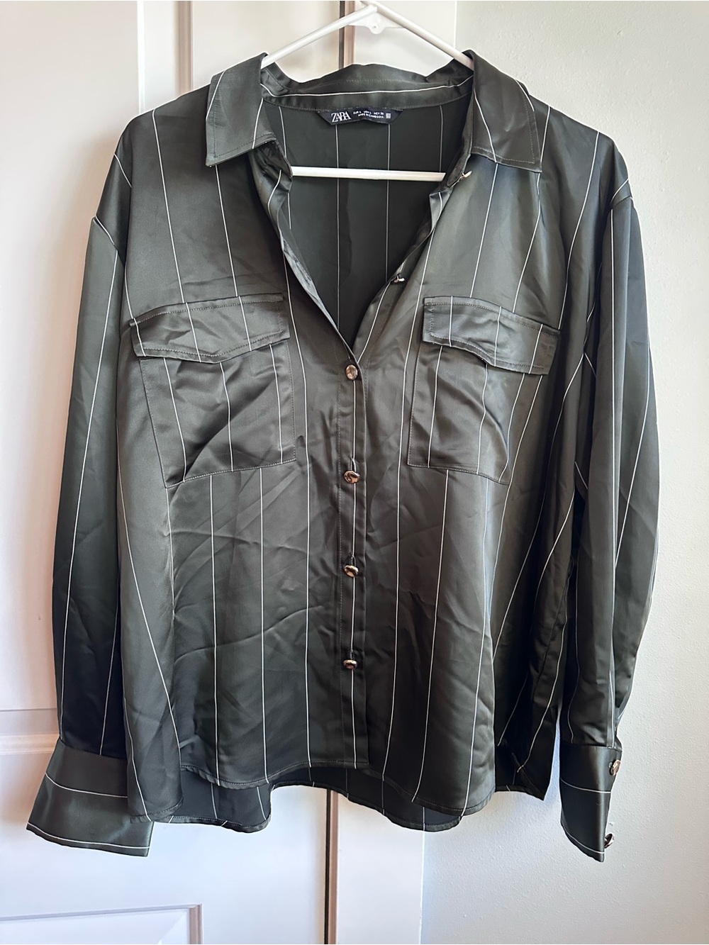Zara Olive Green Pinstripe Button-Down Shirt